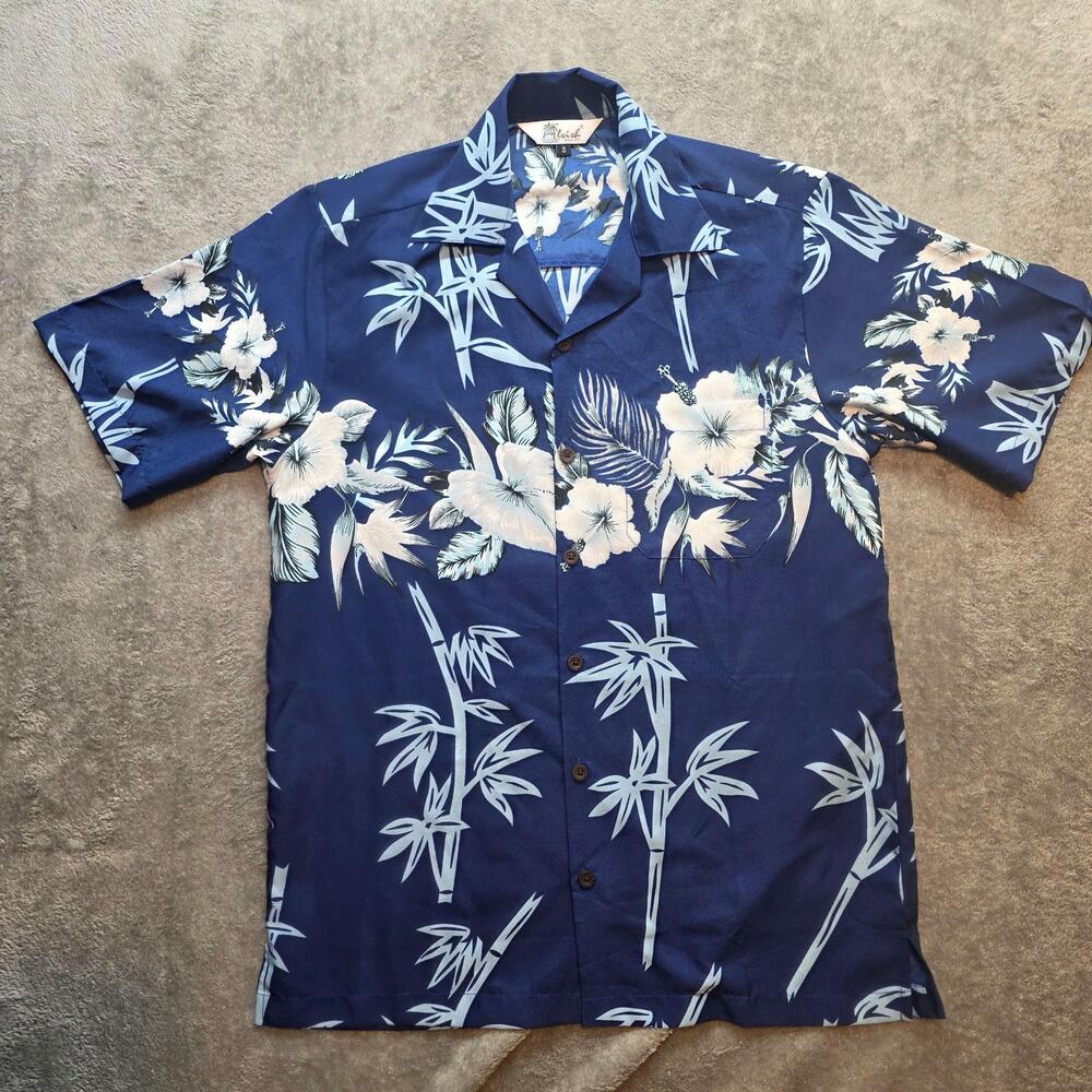 Alvish Button Up Shirt Mens S Blue Hawaiian Floral Bamboo Short Sleeve Tropical